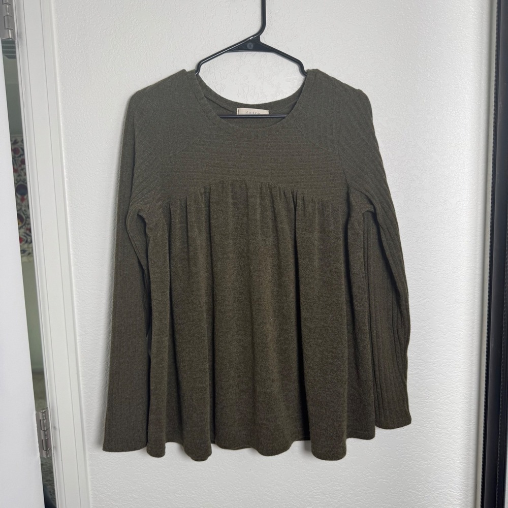 Entro Babydoll Top Women Medium Olive Green Long Sleeve Knit Flowy - Picture 1 of 4
